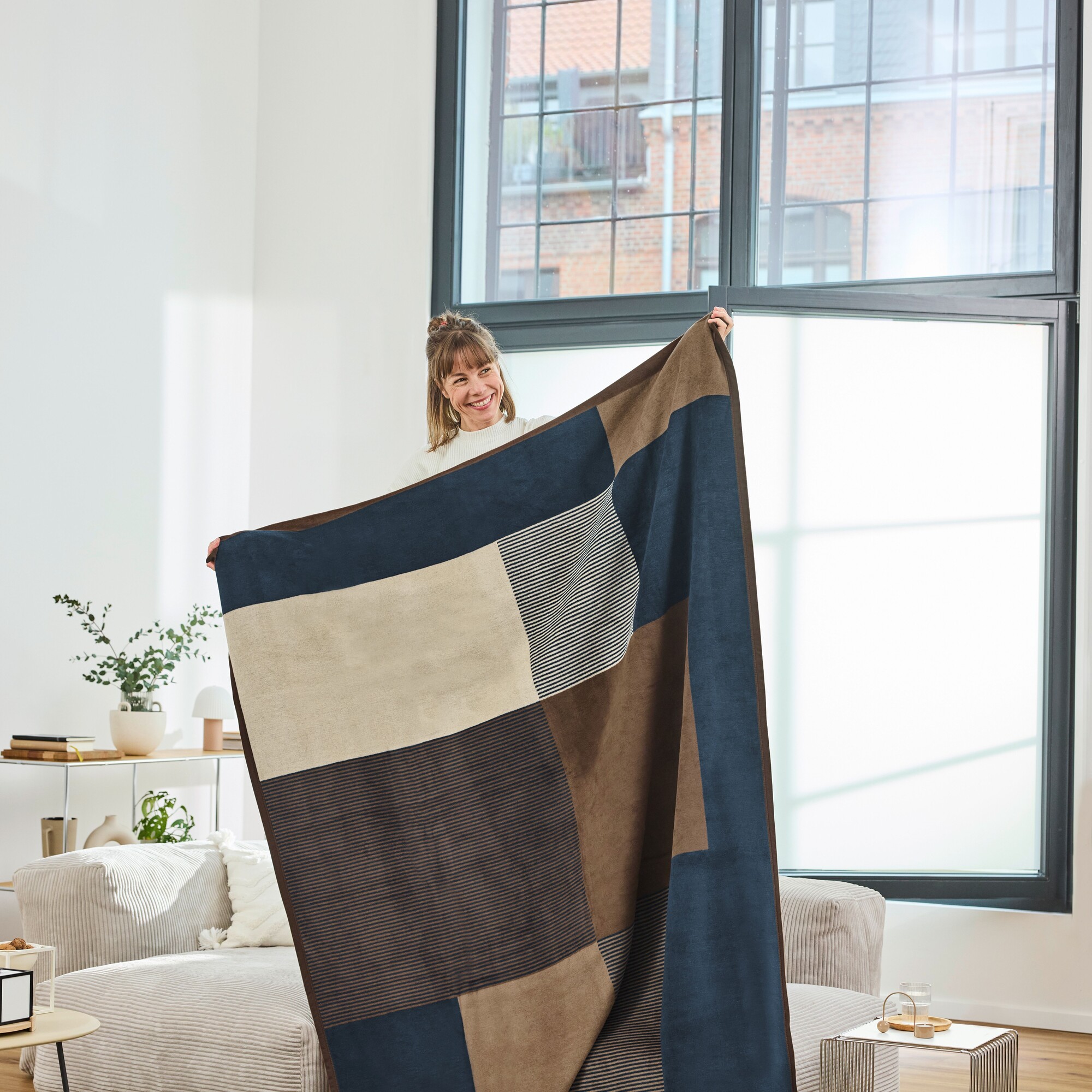 deutsch, Decke, Throw, Geometrisch, Patchwork, Braun-Blau, decke,  throws, patchwork, geometrisch, kariert