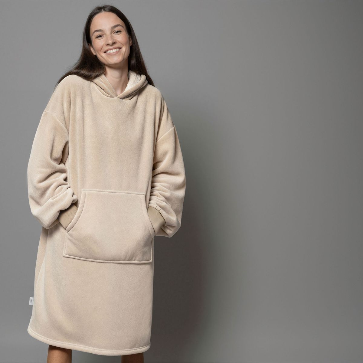 Modisch, Kleidung, Mantel, Langarm, Pullover, Hoodie, Poncho, Beige, Fleece, Taschen