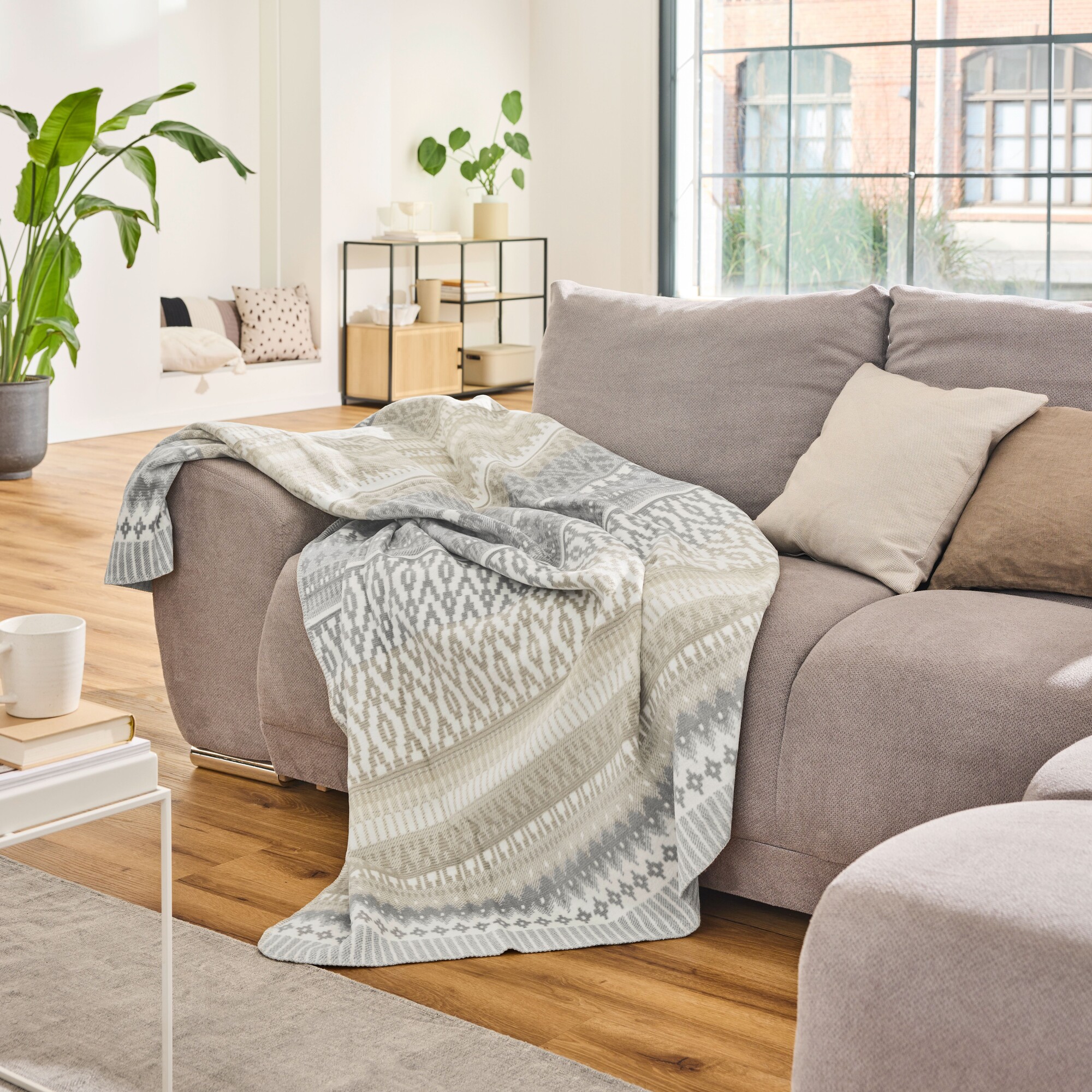 sofa, decke, wurf, wohnzimmer, grau