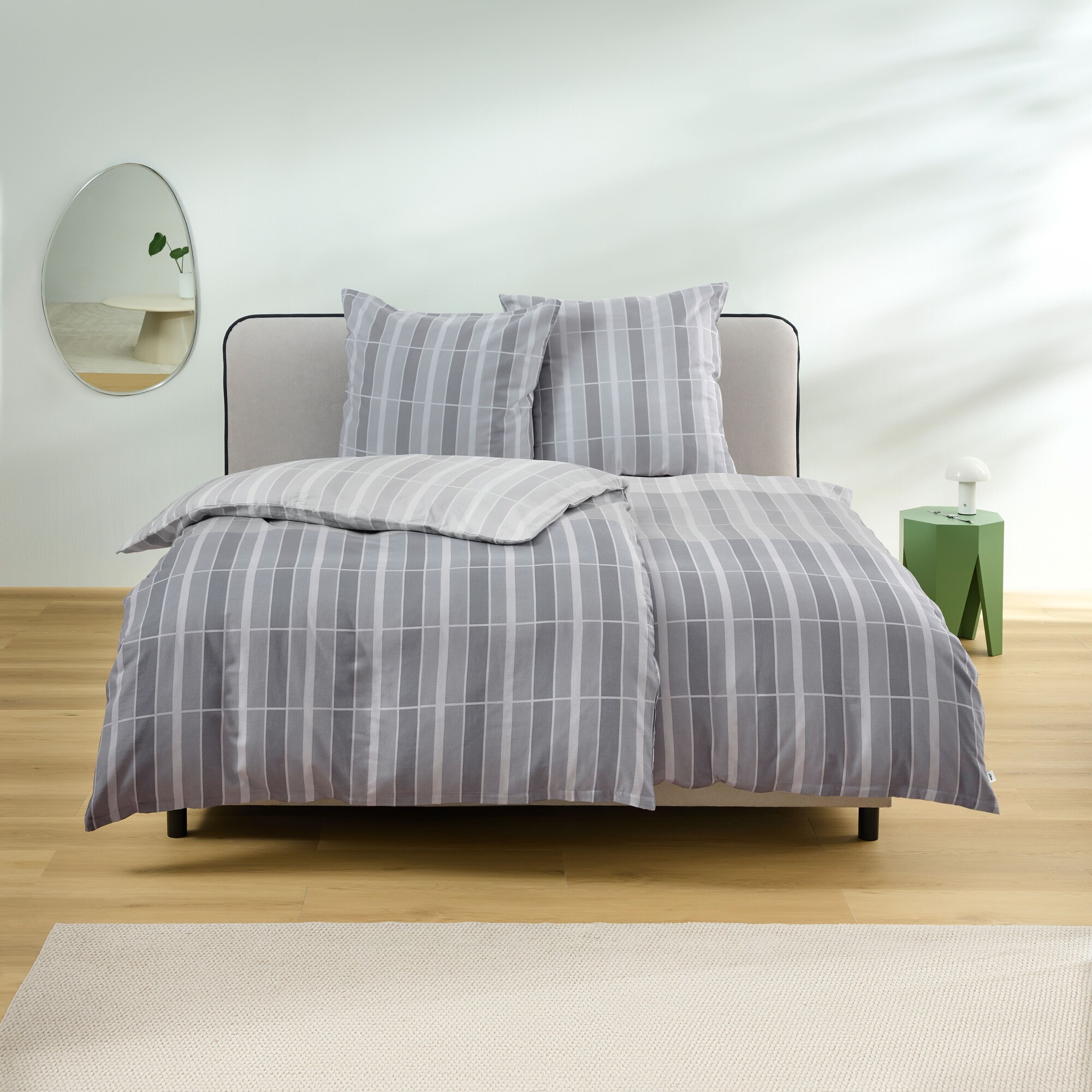 bett, duvet, bettwäsche, grau, gestreift